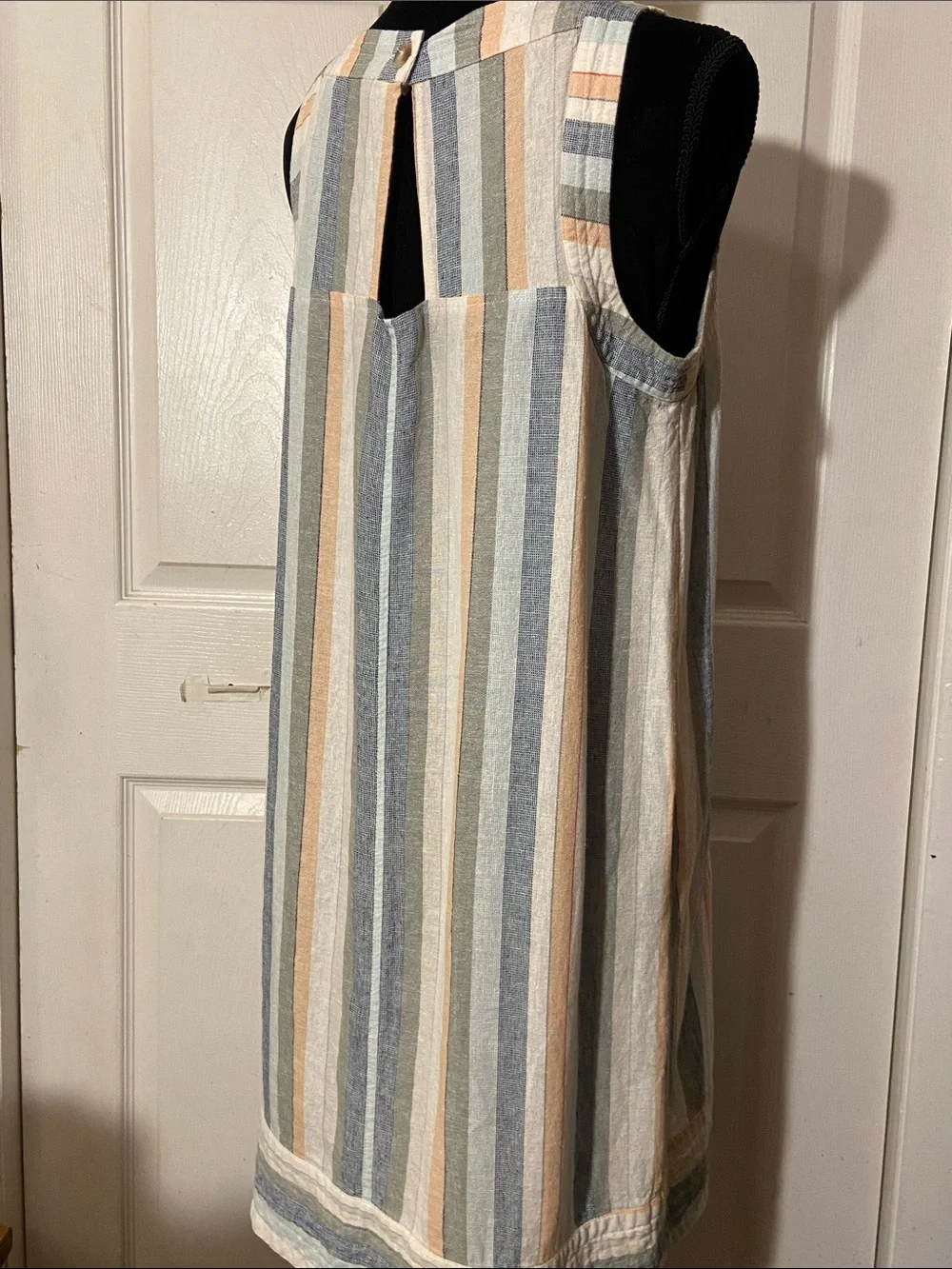 For Cynthia Striped Midi Sleeveless Dress Linen Blend sz L Side Button Closure